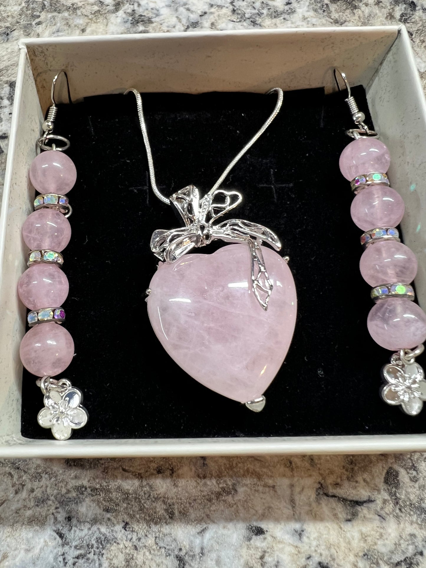 Rose quartz necklace/earrings/bracelet set