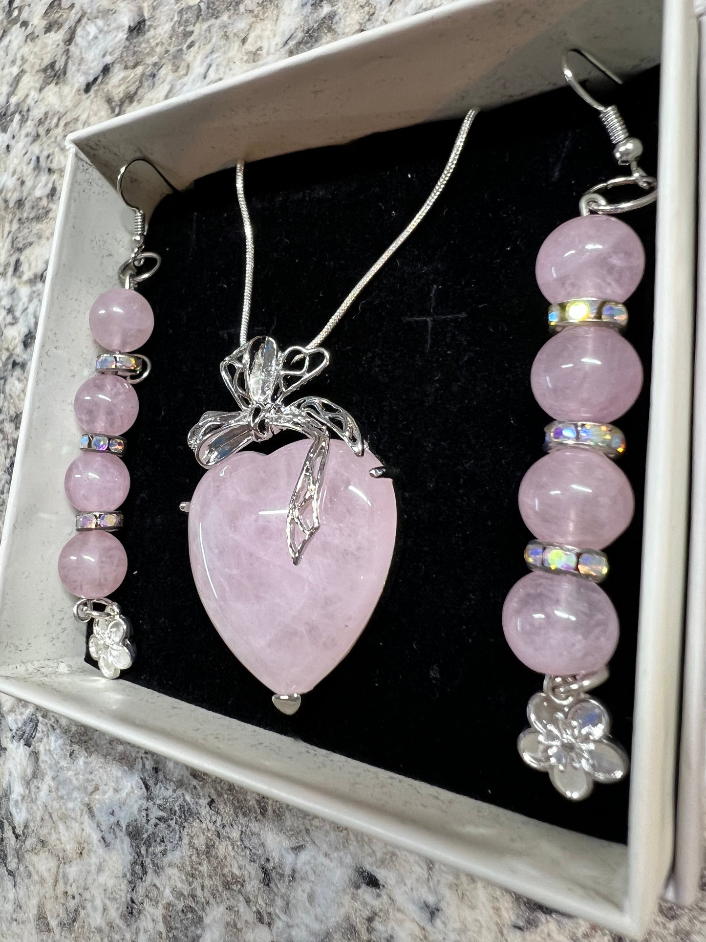 Rose quartz necklace/earrings/bracelet set