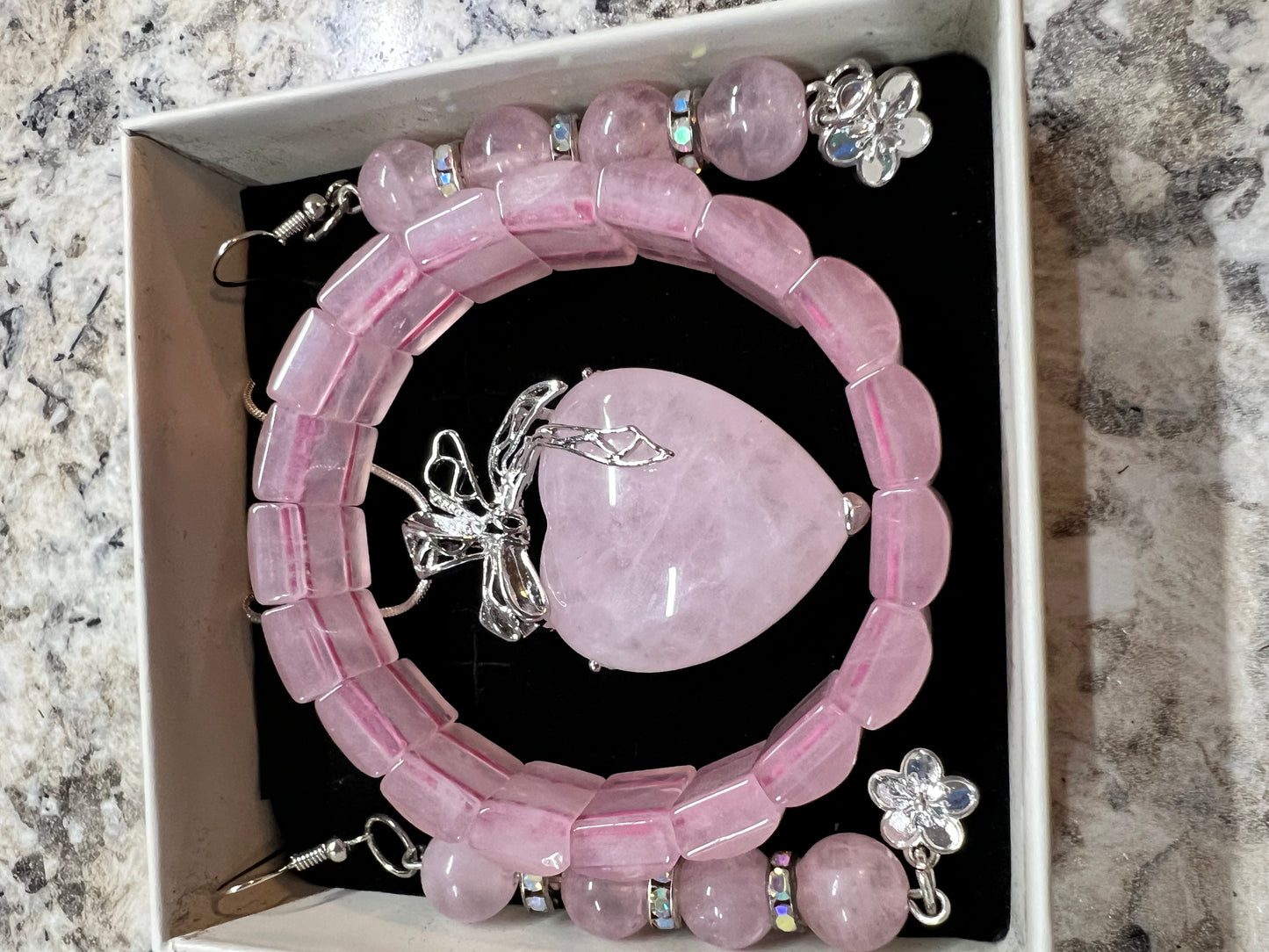 Rose quartz necklace/earrings/bracelet set