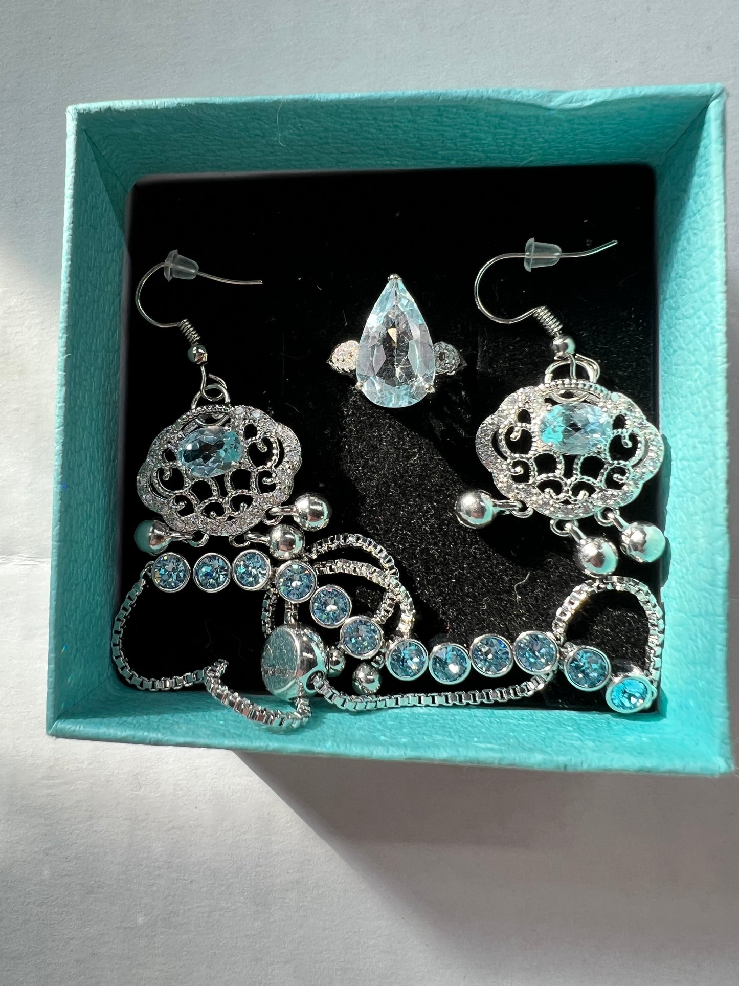 Blue Topaz ring/bracelet/and earring set .925